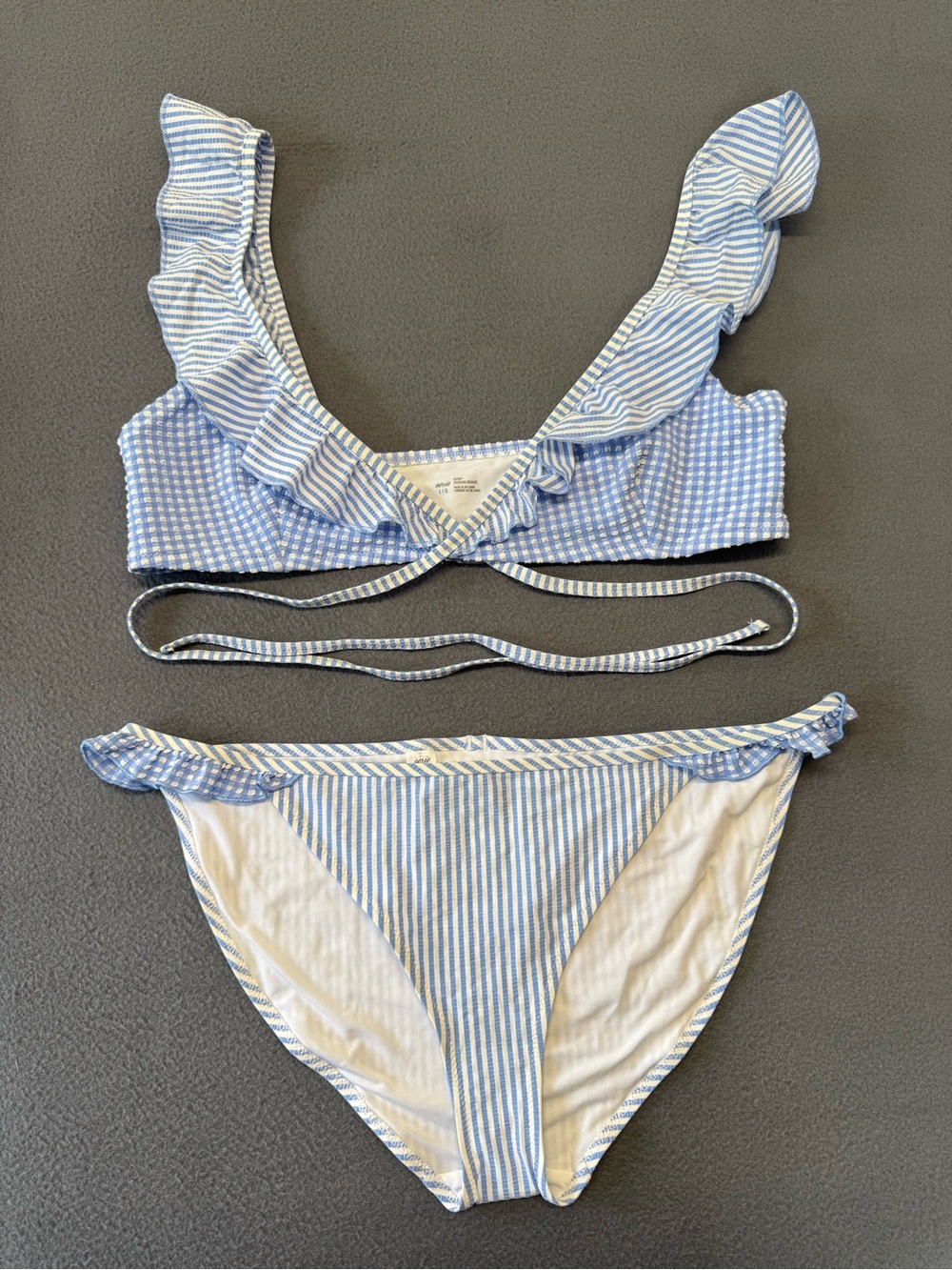 aerie Light Blue and White Striped Ruffle Bikini Set